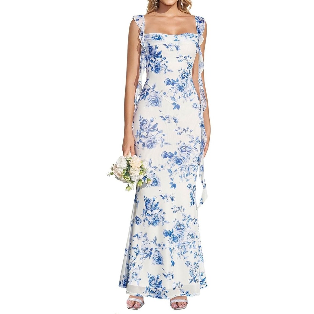 KUTUMAI Elegant Ruffle Long Maxi Formal Wedding Guest Dress sz large
